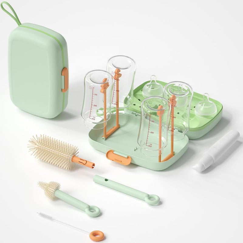 suvast 7in1 Travel Bottle Cleaner kit,Baby Essentials, with Bottle Brush、Nipple Brush、Straw Cleaner Brush、Soap Dispenser、Bottle Drying Rack、Drainage Tray、Storage Box,Baby Travel Essential (Green) - Image 1